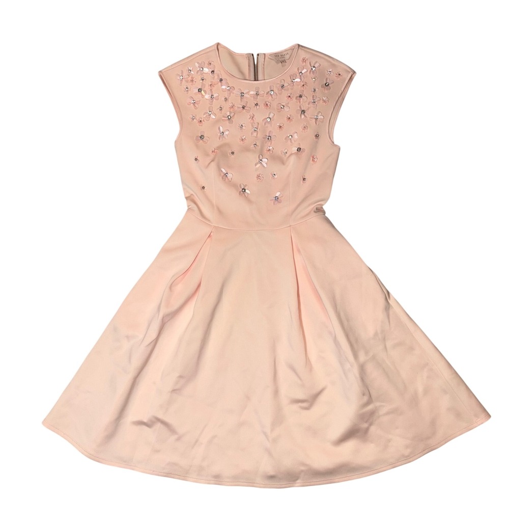 Ted Baker Yadara Blush Pink 3D Floral Embellished Pleated Dress‎ Size 0 US 2
